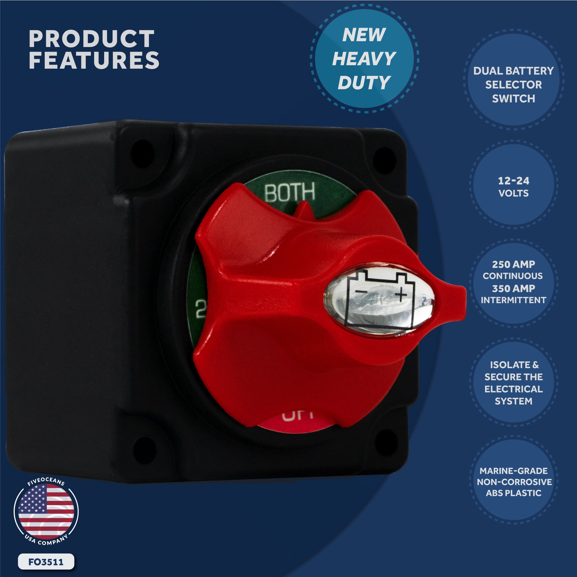 Five Oceans Battery Disconnect Switch, Marine Dual Battery Switch Off-1-2-Both with Knob, 250 Amp Continuous 350 Amp Intermittent, 12-24 Volts FO3511
