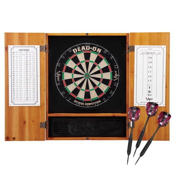 Viper Metropolitan Sisal Fiber Bristle Dartboard and Cabinet Bundle: Deluxe Set (Dead On Dartboard and Darts), Oak Finish