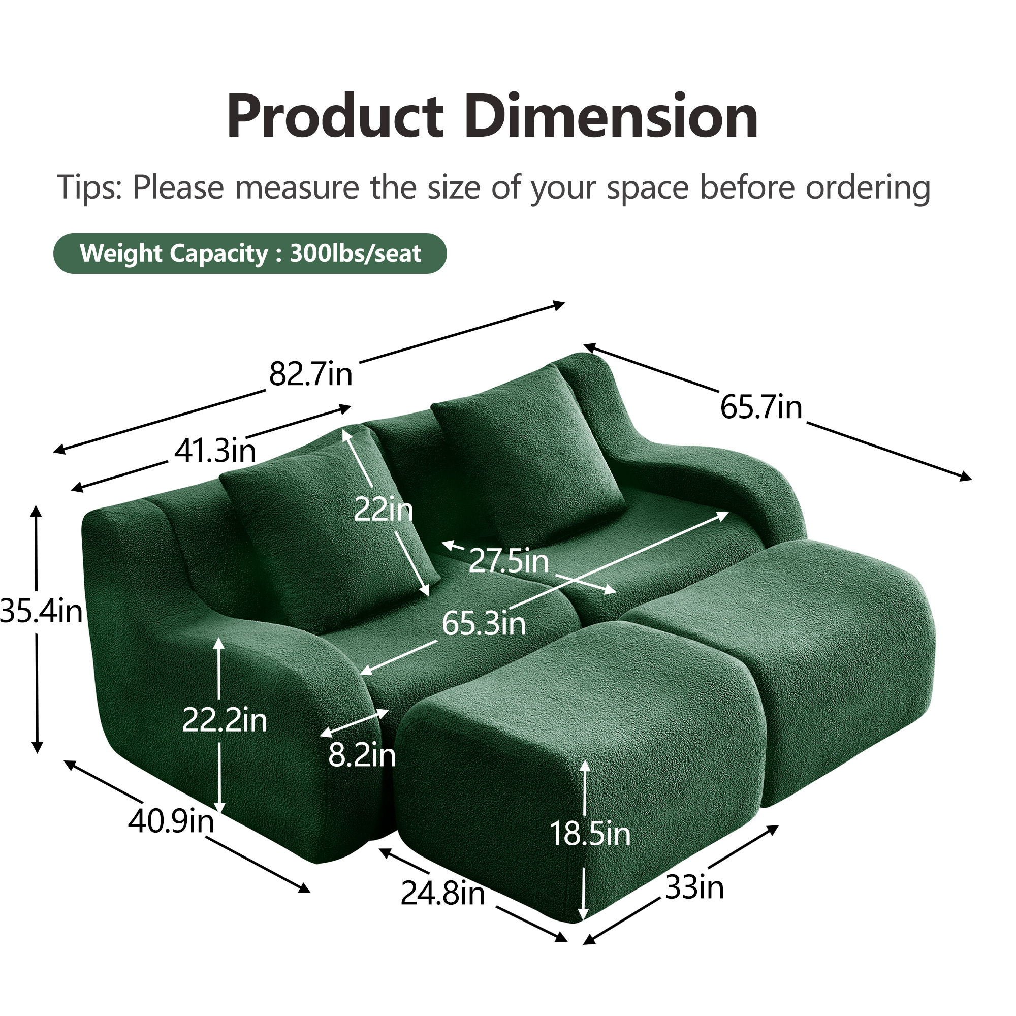 Alvantor Loveseat Sofa with Reversible Ottoman 83" W Teddy Boneless Couch Modern Deep Seat Cloud Loveseat for Living Room Green