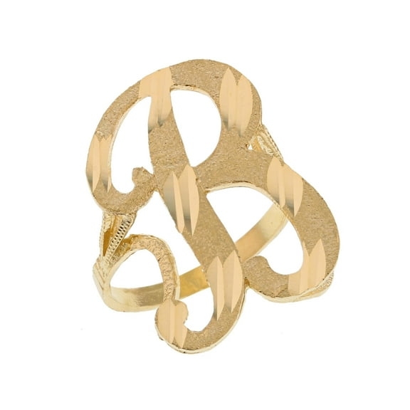 14k Real Yellow Gold Ladies Tendy Chic Diamond Cut Cursive Inital Letter B Ring
