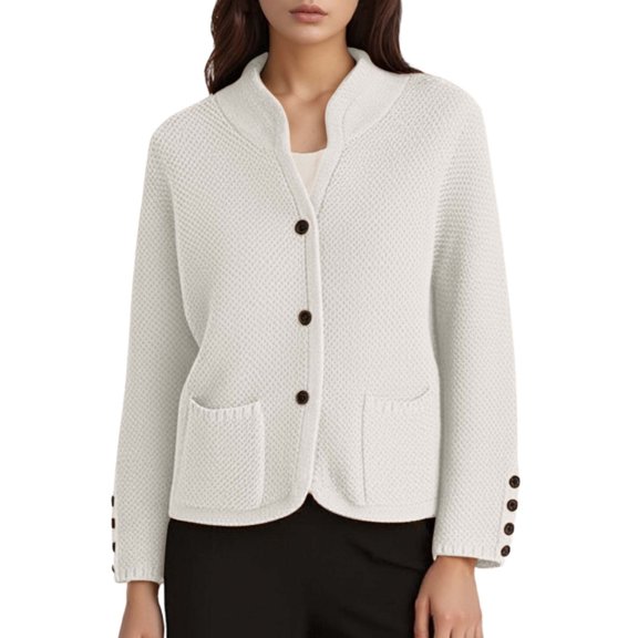 Ediodpoh Solid Color Cardigan for Women with Two Pockets Stand Collar Loose Knit Sweater Open Front Coat for Autumn Winter Beige