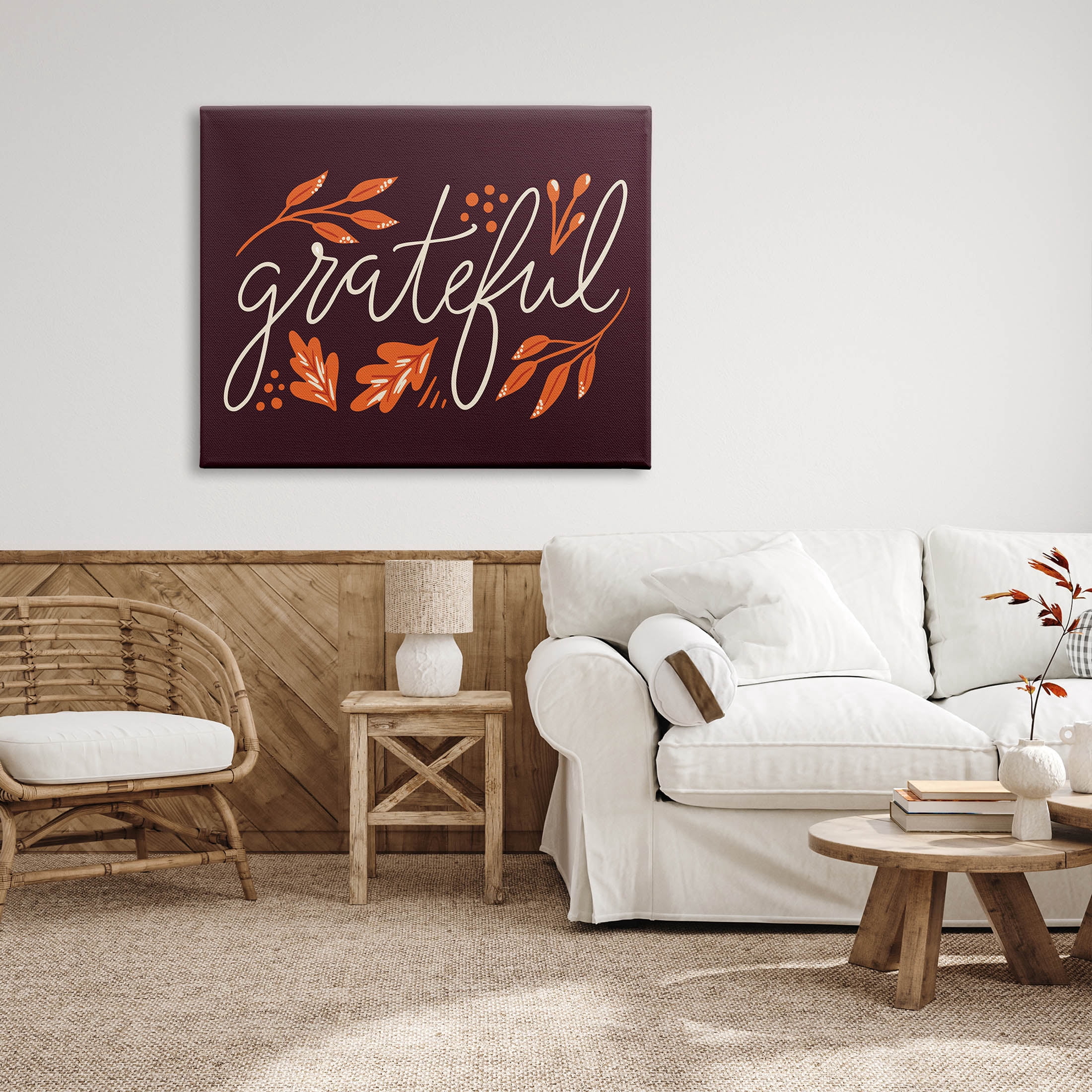 Grateful Autumnal Leaves Phrase Holiday Graphic Art Gallery Wrapped Canvas Print Wall Art