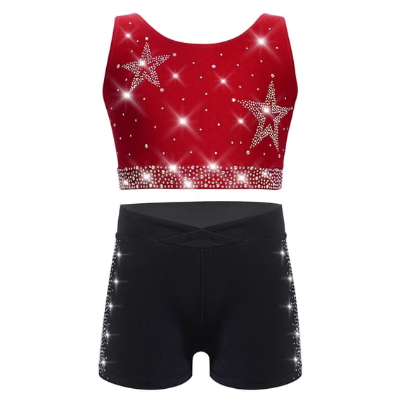 Kaerm Kids Girls Rhinestones Gymnastics Dance Sports Set Sleeveless Crisscross Back Crop Top Vest and Shorts Burgundy Black 8