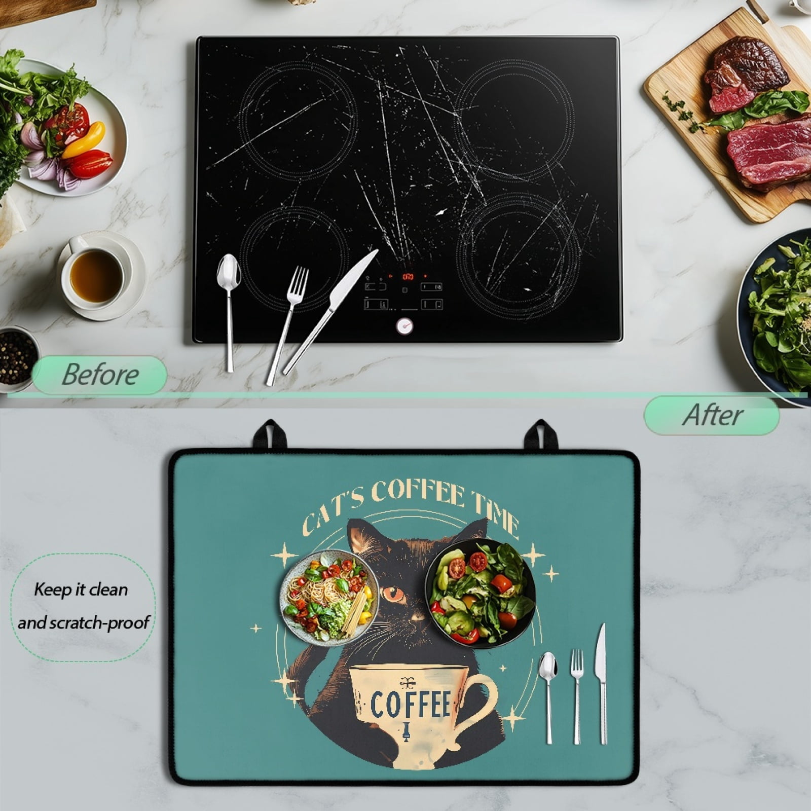 ZIATUBLE Stove Covers for Electric Stovetop Multipurpose Flat Top Stove Cover Mat Anti-Scratch Induction Cooktop Protector Cover with Rubber Backing, 29 x 21 Inch, Black Cat Coffee Time
