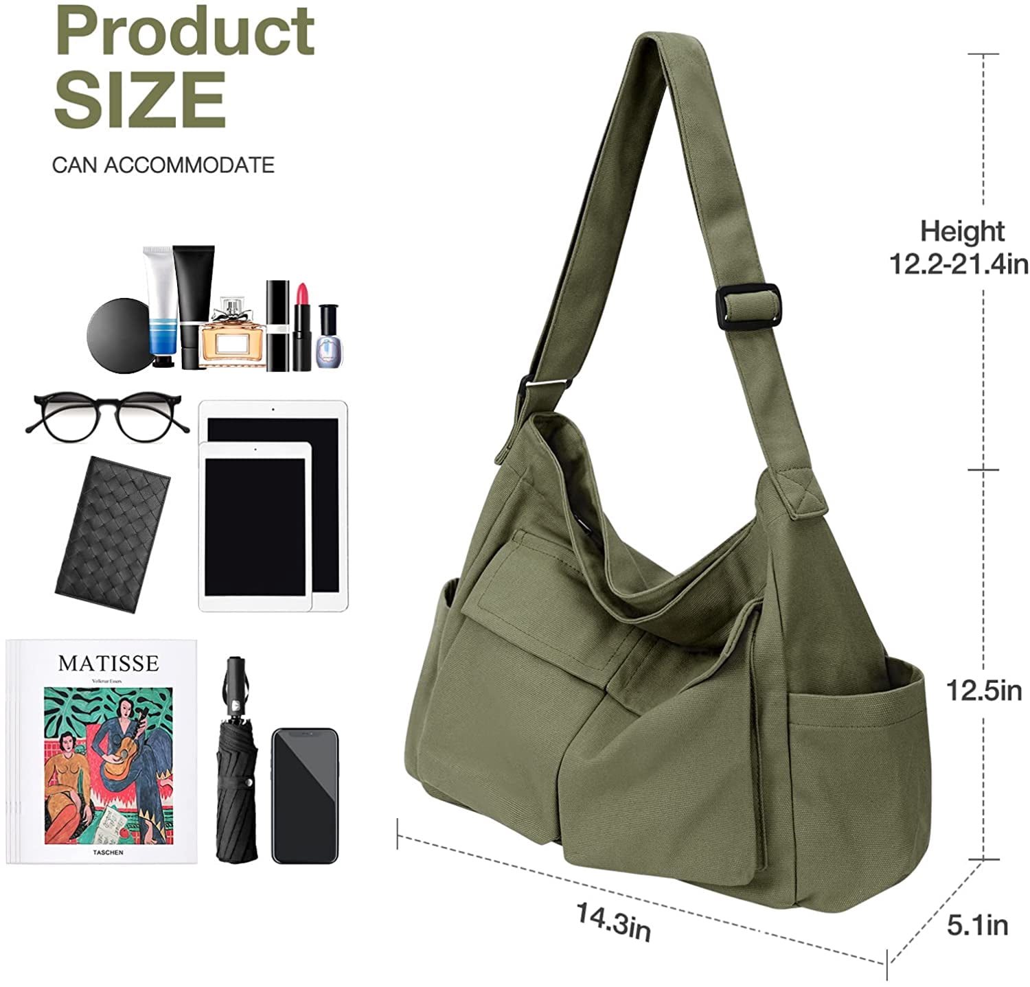 Canvas Messenger Bag Hobo Shoulder Bag Crossbody Bag with Multiple Pockets Large Tote Bag Handbag for Teen Women Men