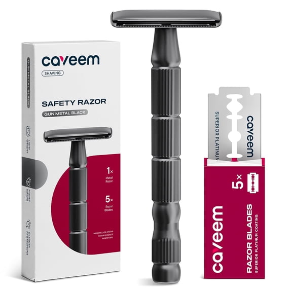 CAVEEM Double-Edge Safety Razor, Single-Blade Razors with 5 Stainless Steel Razor Blades for Men and Women, Reusable Metal Razor – Gun Metal Black