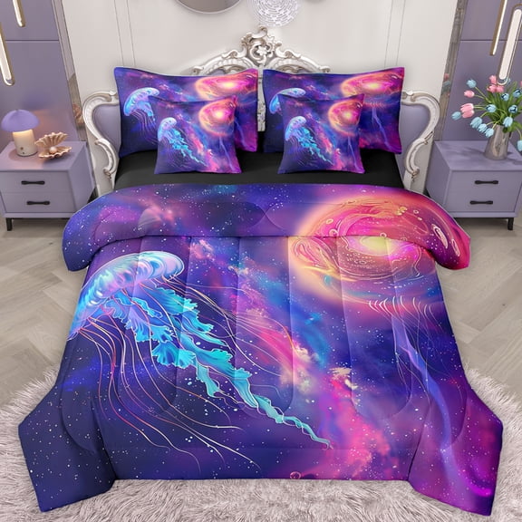Homewish Dreamy Starry Sky 7-Piece Twin Bedding Sets,Ocean Animal Jellyfish Bedding Comforter Set,Gradient Pink Purple Sheet Sets For Girl Skids,Breathable Home Decor Reversible