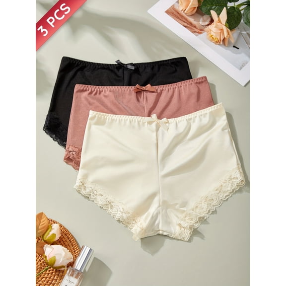 3 Pack Solid Color Bow Stain Women's Panties Sexy Lace Trim Boyshorts Mid Rise Stretchy Briefs