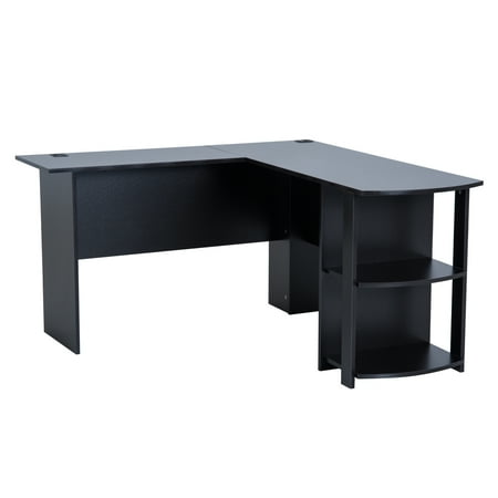 L Shaped Computer Desk 2 Shelves Space Saving Home Office Black