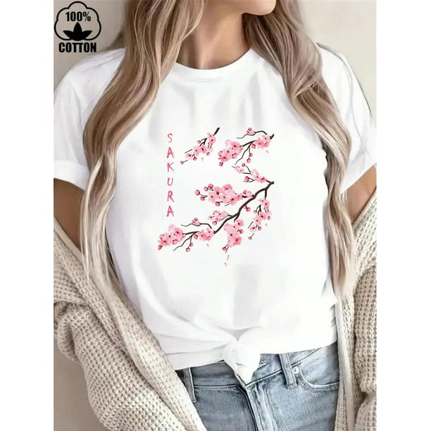Happy Valentine'S Day Women's Cherry Blossom Branch, Women's Round Neck Casual Heavy Pure Cotton T-Shirt