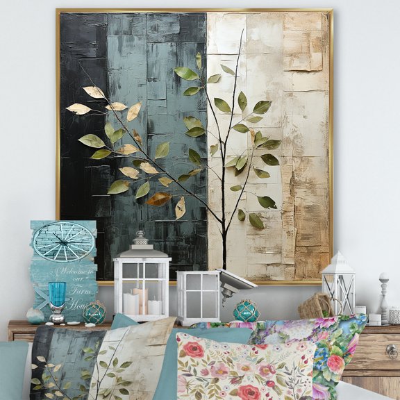 Designart "Leaves Of Harmony In Slate Elm I" Leaves Floater Framed Canvas Prints