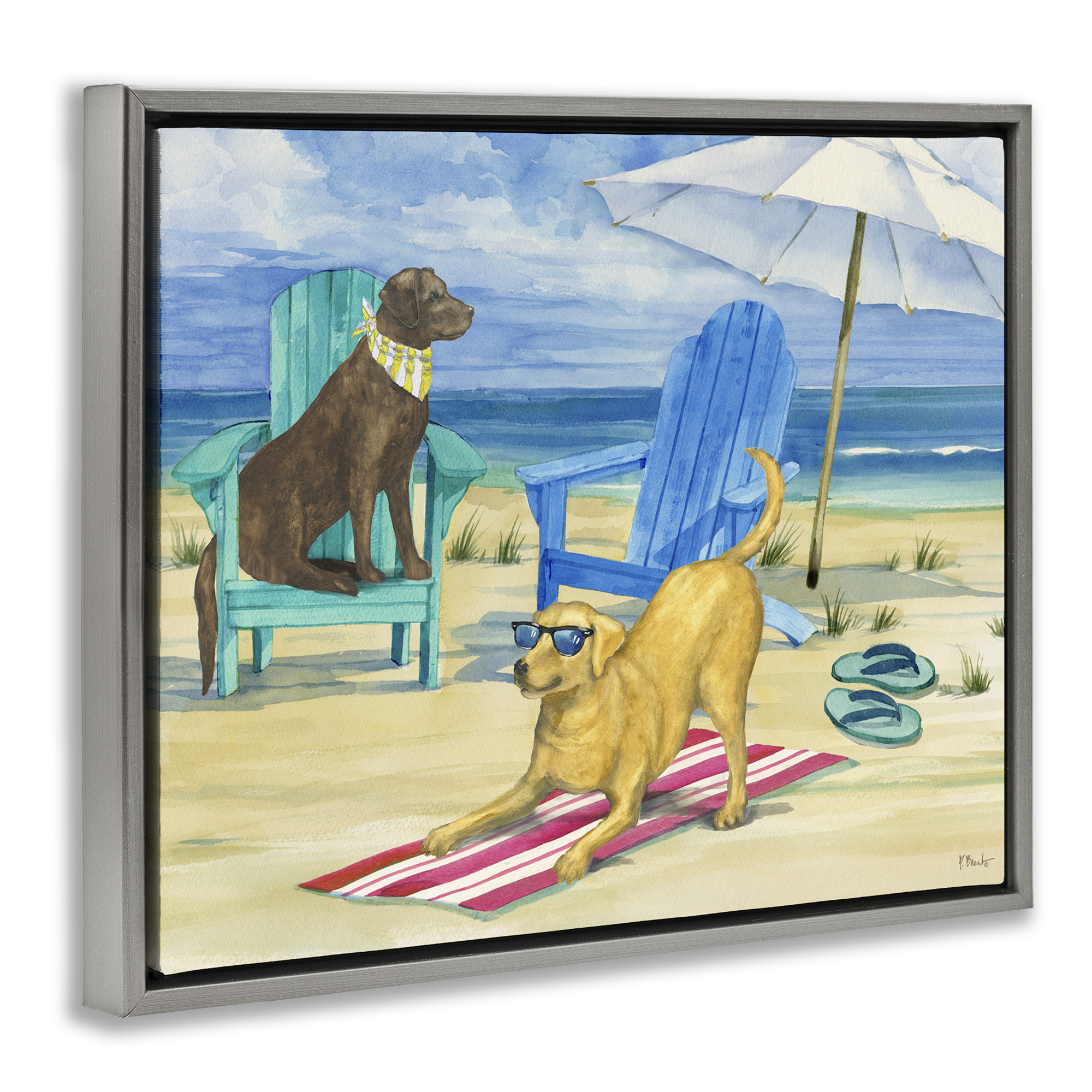 Stupell Industries Dogs on Beach Towel Animals & Insects Painting Gray Floater Framed Canvas Art Print Wall Art, 21 x 17