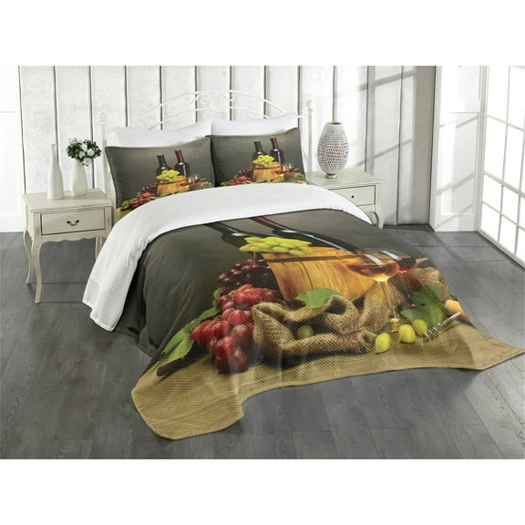 Ambesonne Winery Quilted Bedspread Set 3 Pcs, Themed Bottles France, King Size, Multicolor