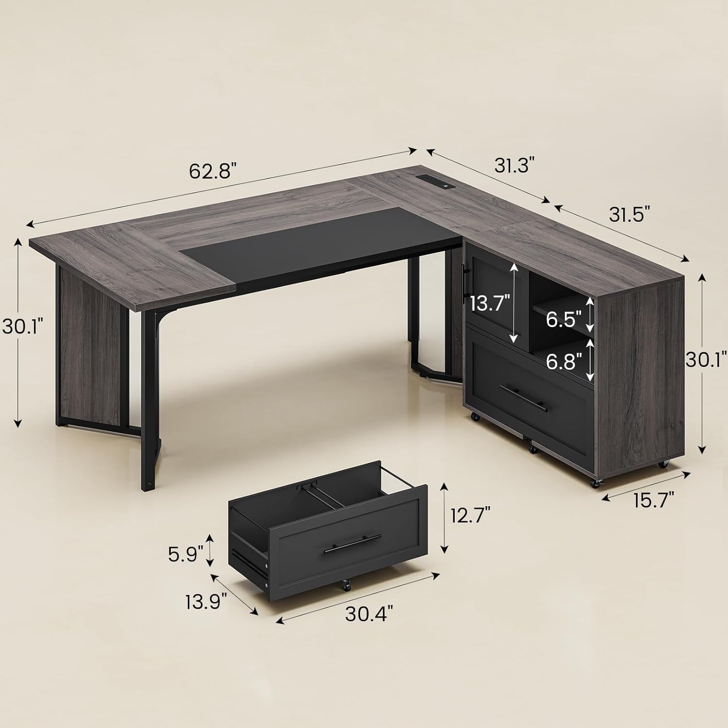 63" L Shaped Executive Desk with Mobile File Cabinet, Modern Corner Computer Desk with Power Outlets, Desk Business Workstation Set, Gray