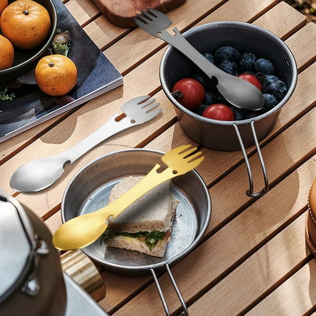 mmirethe Stainless Steel Multifunctional Spork Spoon Fruit Tableware Kitchen Gadgets Camping Picnic Black 1Set