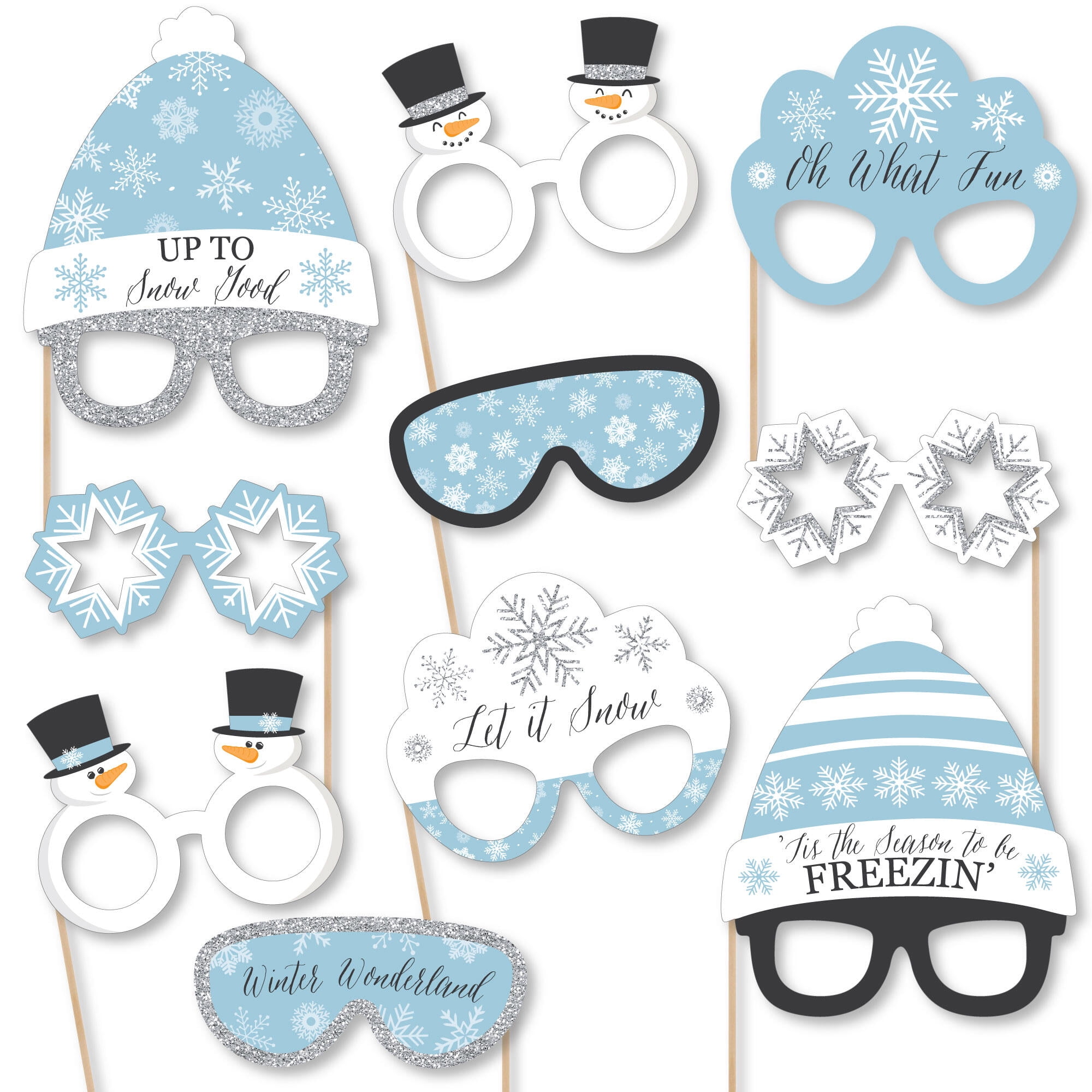 Big Dot of Happiness Winter Wonderland Glasses and Headpieces - Paper Cardstock Snowflake Holiday Party & Winter Wedding Photo Booth Props Kit - 10 Ct