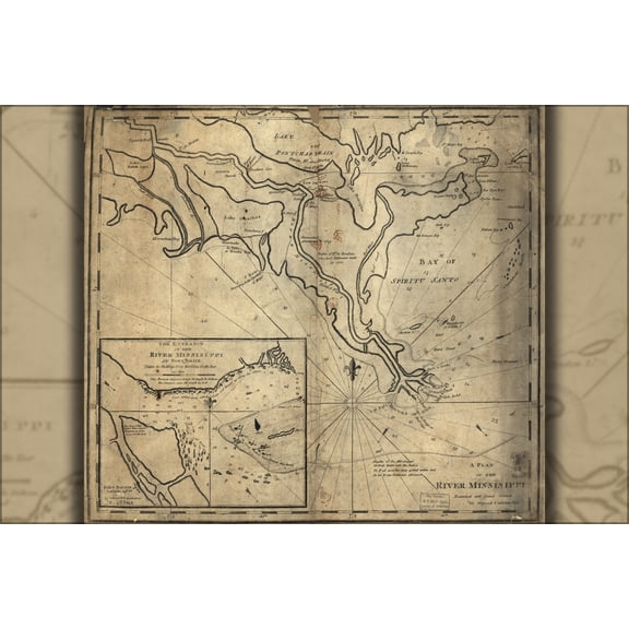 24"x36" Gallery Poster, map entrance river Missisippi at Fort Balise 1770