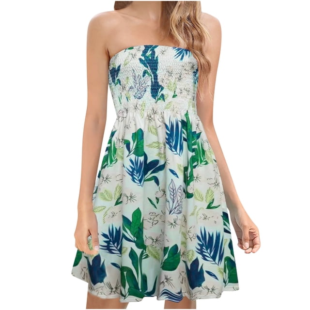Dvkptbk Women's Summer Dresses 2024 Mode Bohème Floral Robe de Plage Sans Bretelles Robe Maxi Grande Taille Haut Tube Jupe Longue Robe d'Été par-Dessus