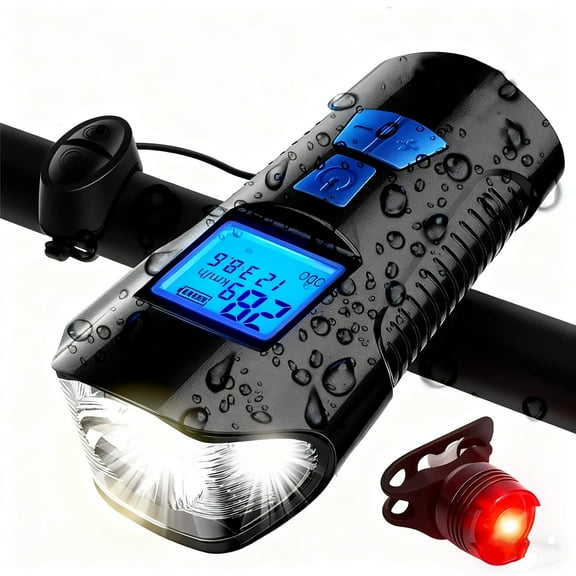 5-in-1 Rechargeable Bike Speedometer & Light Set - Waterproof Bicycle Computer with LED Front Light, Tail Light & Horn, USB Charging