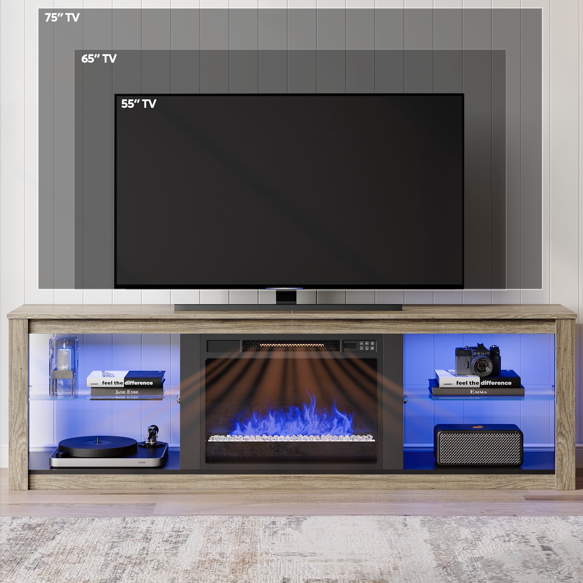 Bestier Electric Fireplace TV Stand Modern Entertainment Center for TVs up to 75" with LED Light and Storage Shelves in Wash Gray