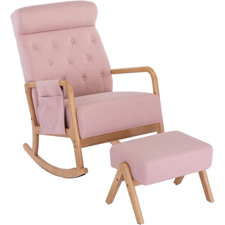 UPYOOE Nursery Rocking Chair Mid-Century Modern Chair with Ottoman Leather Arm Chair High Back with Side Pocket Comfy Glider Rocker Chair for Living Room Baby Room Bedroom (Pink Linen Fabric)