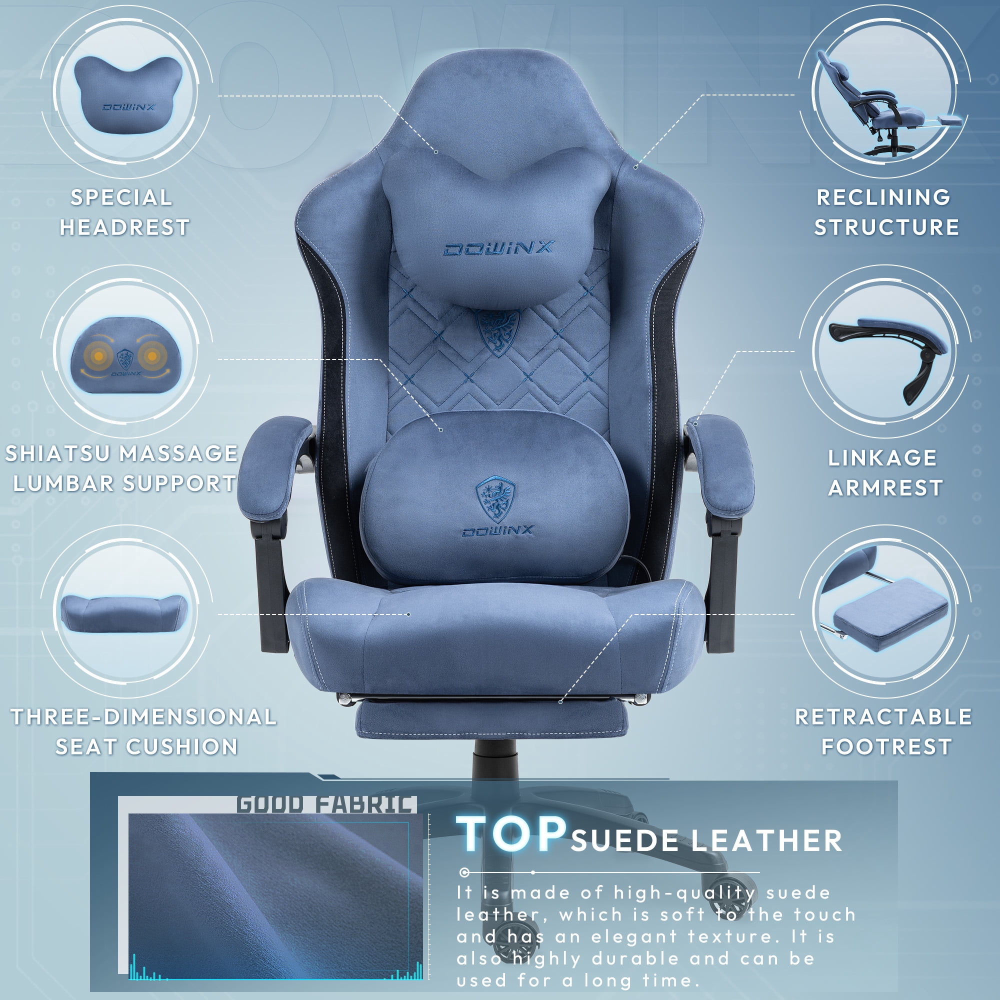 GOOSEA Fabric Gaming Chair with Heated Massage Lumbar Support, Big and Tall Game Chair for Adults, High Back PC Chair with Pocket Spring Cushion and Footrest, Blue
