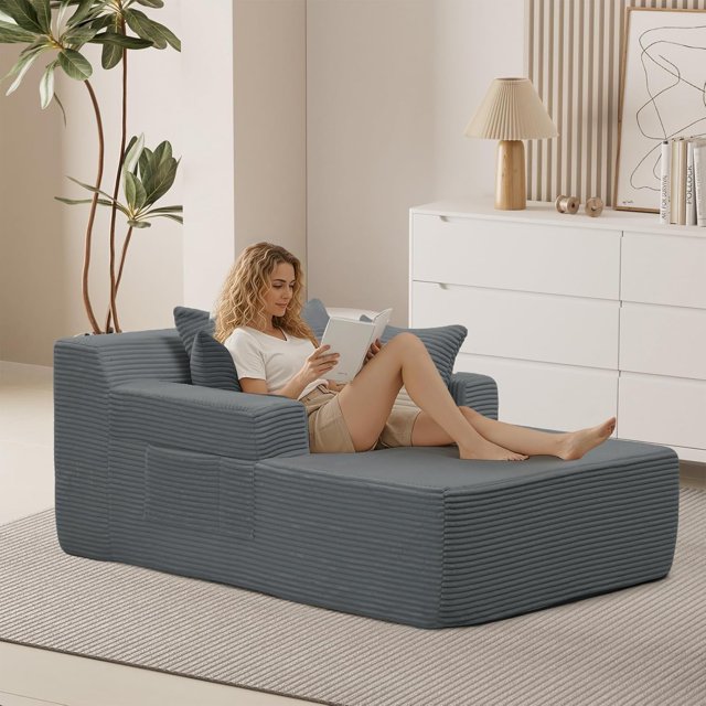 GAZHOME Oversized Chaise Lounge Chair Indoor, Corduroy Upholstered Sofa Bed, Cloud Floor Sofa Bed, Comfy Sleeper Couch Reading Chairs for Bedroom Living Room, No Assembly, Grey