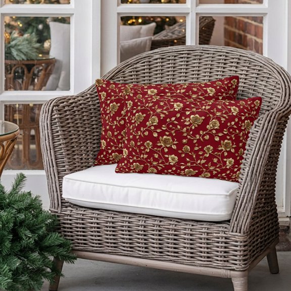 Outdoor Pillow Covers Pack of 2, Christmas Golden Rose Swirling Flower Waterproof Throw Pillowcase Cushion Cases, Valentine's Day Floral Decorative Pillow Cover for Couch Sofa Home Bed Patio 20x12in