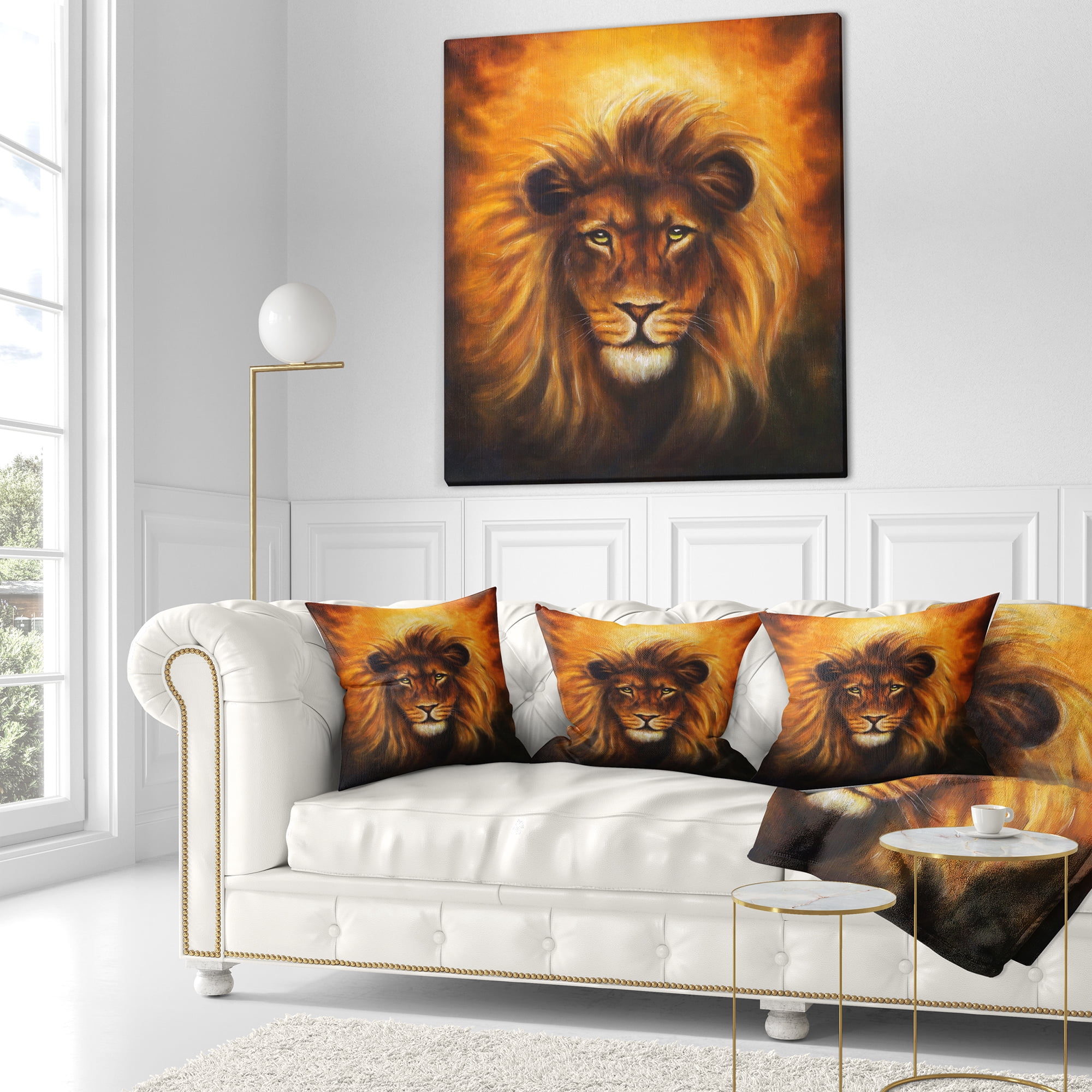 Designart Lion Head with Golden Mane - Animal Throw Pillow - 16x16