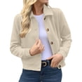 thumbnail image 2 of AVRNLIQ Womens Beige Suede Cropped Jacket Button Down Lapel Collar Long Sleeve Casual Lightweight Outerwear,Size M, 2 of 8