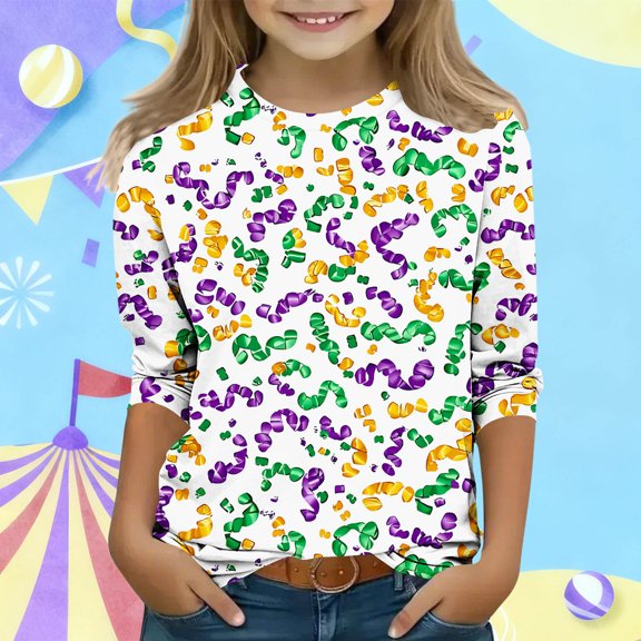 BaoFuBaoMei Boys Girls Graphic Tees Long Sleeve Mardi Gras Ribbon Pullover Shirt Slim Crew Neck Fall Outfits for Mardi Gras Party Carnival Party