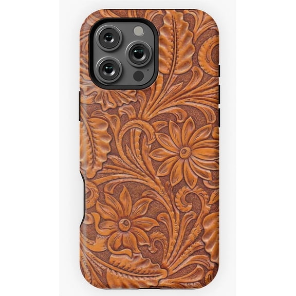 Brown Tooled Leather Western Cowboy Art Phone Case for iPhone 11 12 13 14 15 16 17 Pro Max