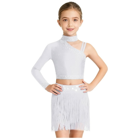 Mufeng Kids Girls Sparkly Disco Jazz Latin Hip Hop Ballet Lyrical Dance Outfits Crop Top with Fringe White 8