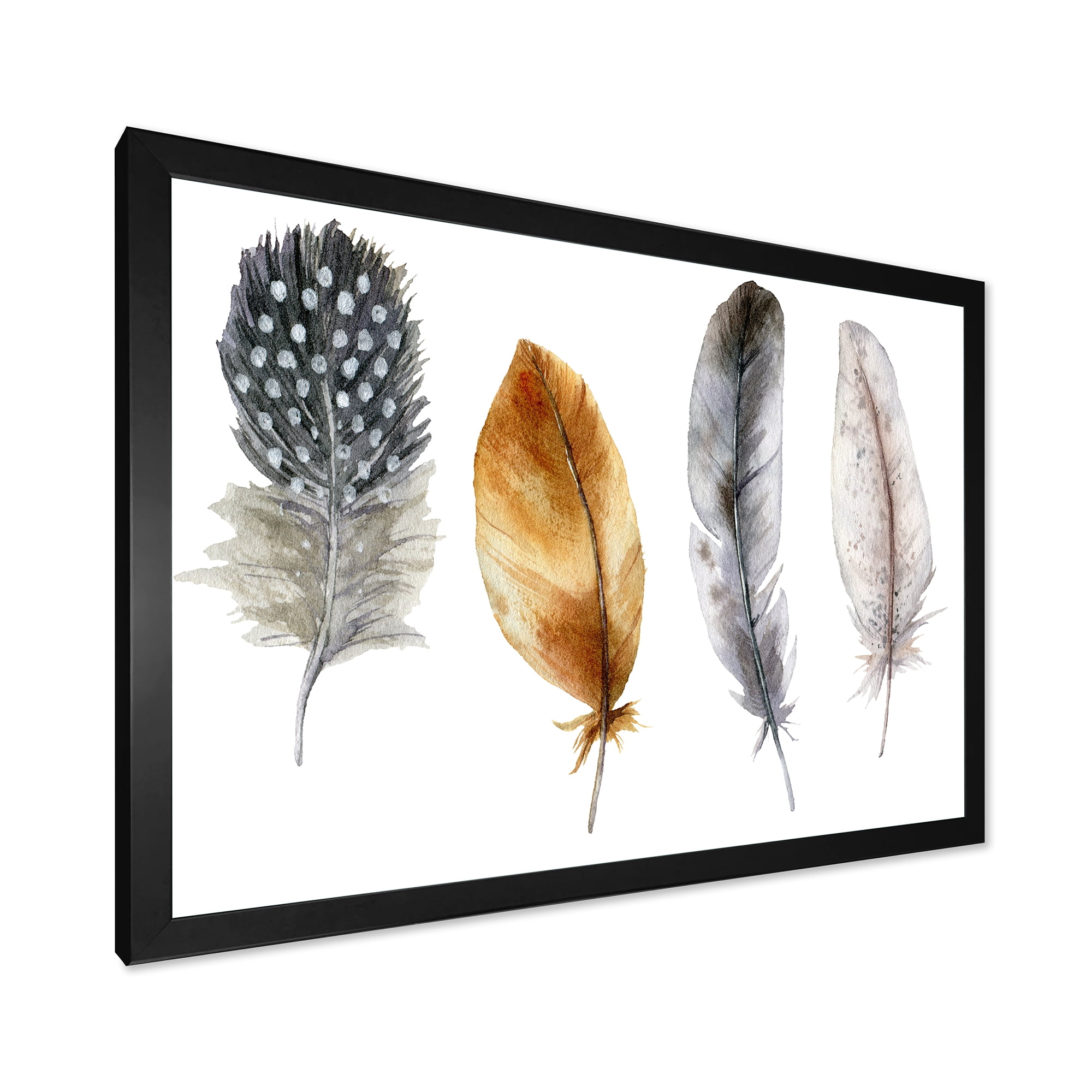 Designart 'Boho Feather In Blue and Orange Striped & Polka Dost' Bohemian & Eclectic Framed Art Print