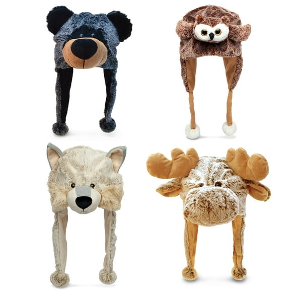 DolliBu Wild Plush Hats Set of 4 – Soft Moose, Black Bear, Wolf, and Owl Warm Hat with Ear Flaps, Plush Party Crazy Hat, Stuffed Animal Halloween Costume Toy Hats, Cozy Fleece Winter Hats – 1 Size