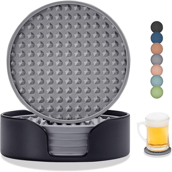 Coasters for Drinks, Silicone Coasters Set of 6 with ABS Holder, Outdoor Coaster for Coffee Table, Non-Slip Rubber Table Cup Mat Desk, Heat Resistant & Scratch-Proof