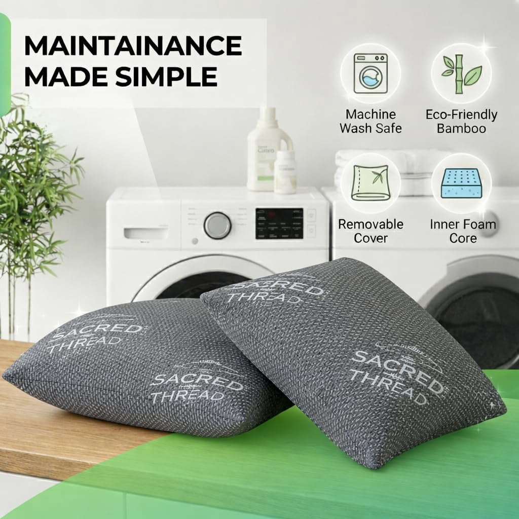 Sacred Thread Rayon Derived from Bamboo Cooling Pillow Filled with 100% Shredded Memory Foam. Adjustable Firmness. Rayon Derived from Bamboo Pillow (Grey) (2 Pack) (Queen)