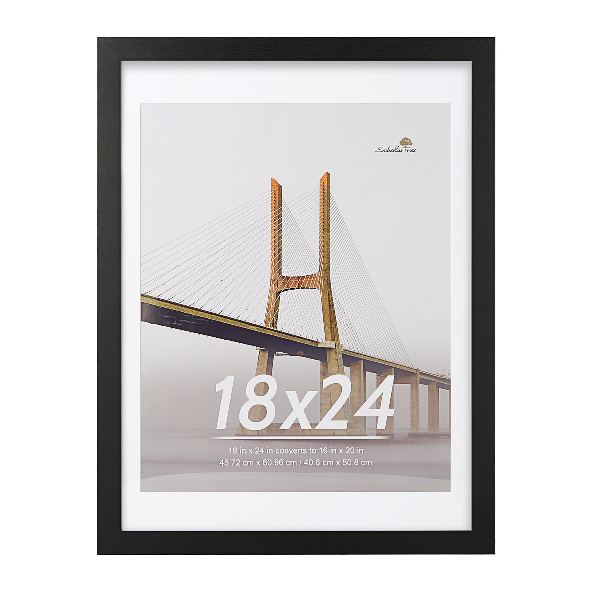 Scholartree 18x24 Wood Gallery Poster Frame, 18x24 Matted to 16x20 Wall Frames, Black