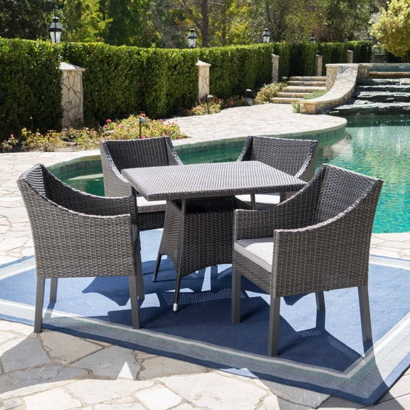 GDF Studio Raymond Outdoor Wicker 5 Piece Dining Set with Cushion, Gray and Light Gray