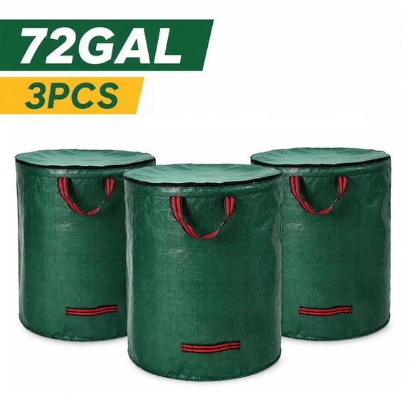 3 Packs of 72 Gallon Reusable Garden Waste Bag with Zipper Lid, 26" x 30", PP Woven Leaf & Yard Debris Bag, Waterproof Lawn Cleanup Bin