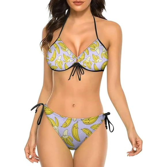 SKQIT Women's Two Piece Bikini Swimsuit, Cute Fruit Banana Purple Print Sexy Swimwear Halter String Triangle Bikini Sets