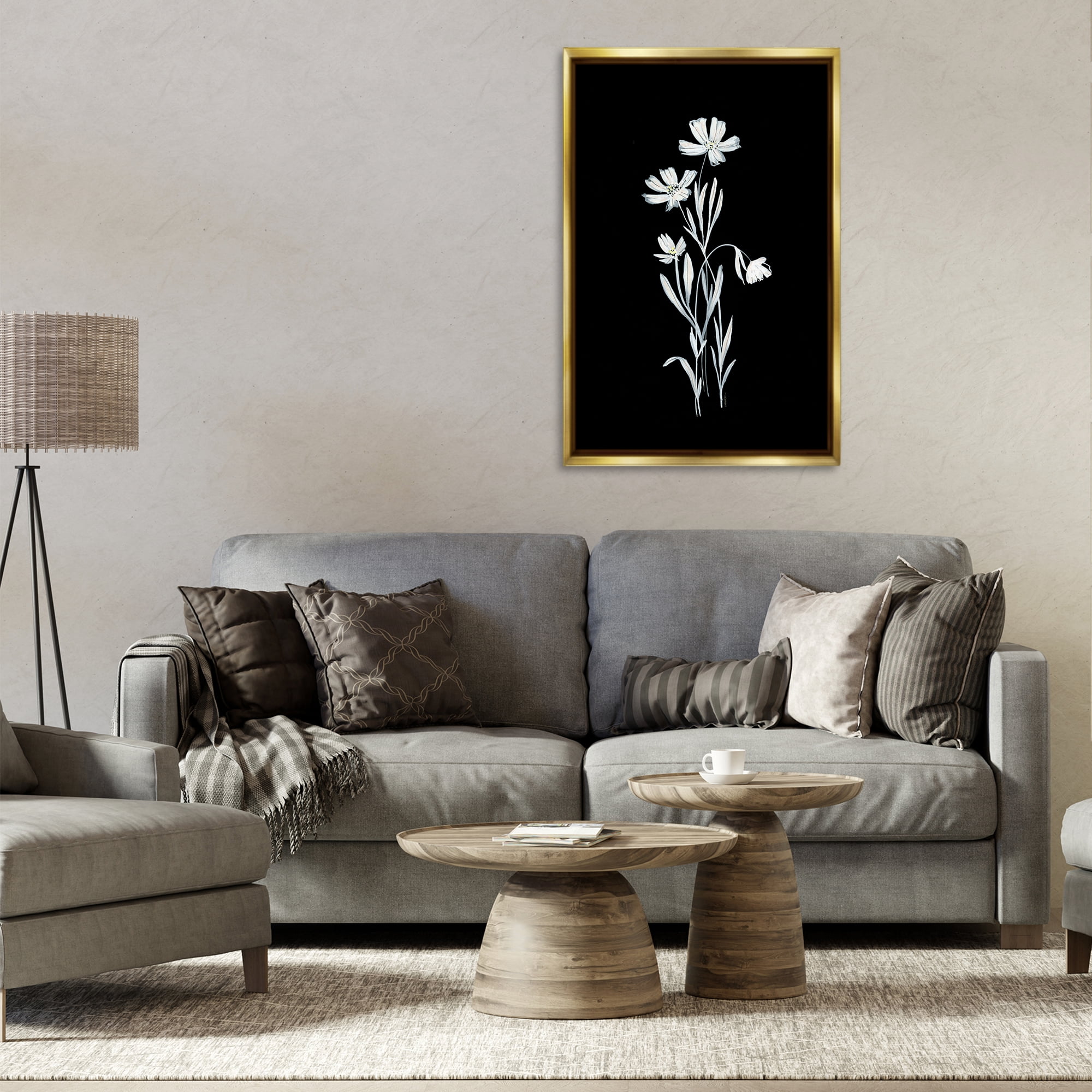 Stupell Industries Tall Stems on Black Plants & Flowers Painting Gold Floater Framed Canvas Art Print Wall Art, 21 x 31