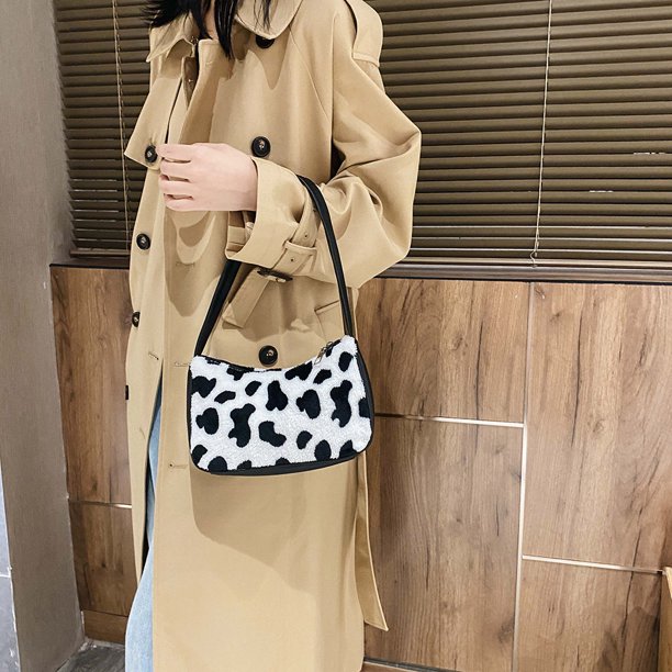 Bolsa Bolso de hombro de felpa para mujer, bolso de mano de invierno con estampado de vaca (1) JShteea Para Estrenar