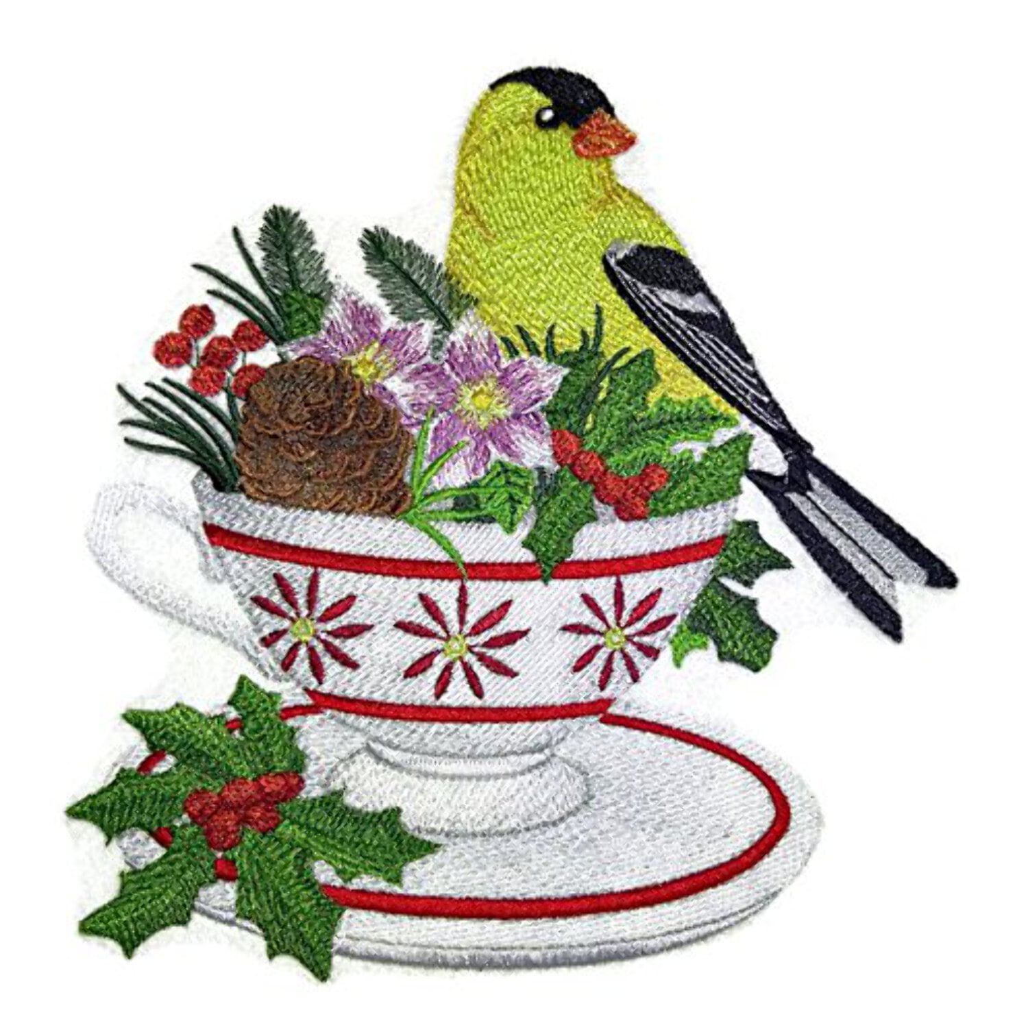 Custom Goldfinch and Christmas Tea Embroidered Iron on/Sew patch [6" X 9.17"]