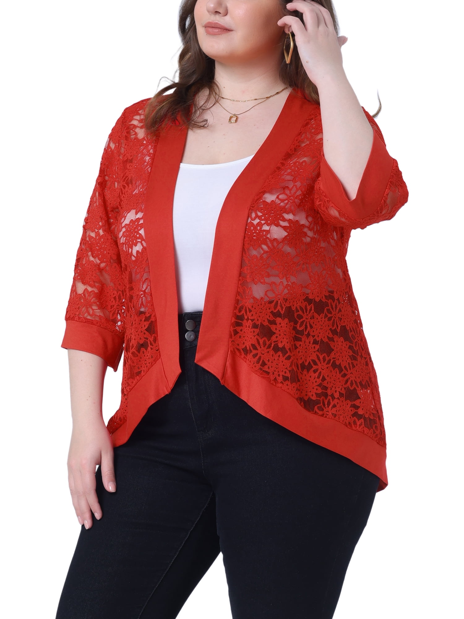 DARING DIVA Plus Size Bolero Outfits Lace Panel Sheer Cardigans 2X Red