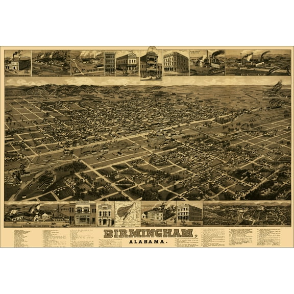 Historic Panoramic View - Birmingham Alabama - Beck 1885 - Vintage Wall Art