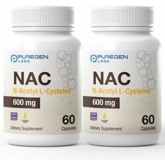 Puregen Labs N-Acetyl-L-Cysteine (NAC) 600mg, Supports Immune, Respiratory, Liver Health - NAC 600 mg - Potent Antioxidant Support, Free-radicals, Easy to Absorb - 60 Veggie Capsules - 2PK