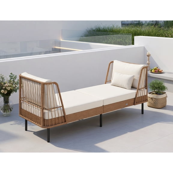 Resenkos Outdoor Wicker Daybed Sofa – Boho PE Rattan Loveseat with Off-White Cushions, 76" x 32" x 30.5", Heavy-Duty 800 lb Capacity, Easy-Assembly Patio Furniture