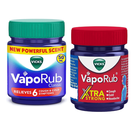Vicks VapoRub Bundle Xtra Strong 50ml & VapoRub Regular (50ml + 10ml Extra) Cough & Cold Relief Pack of 2