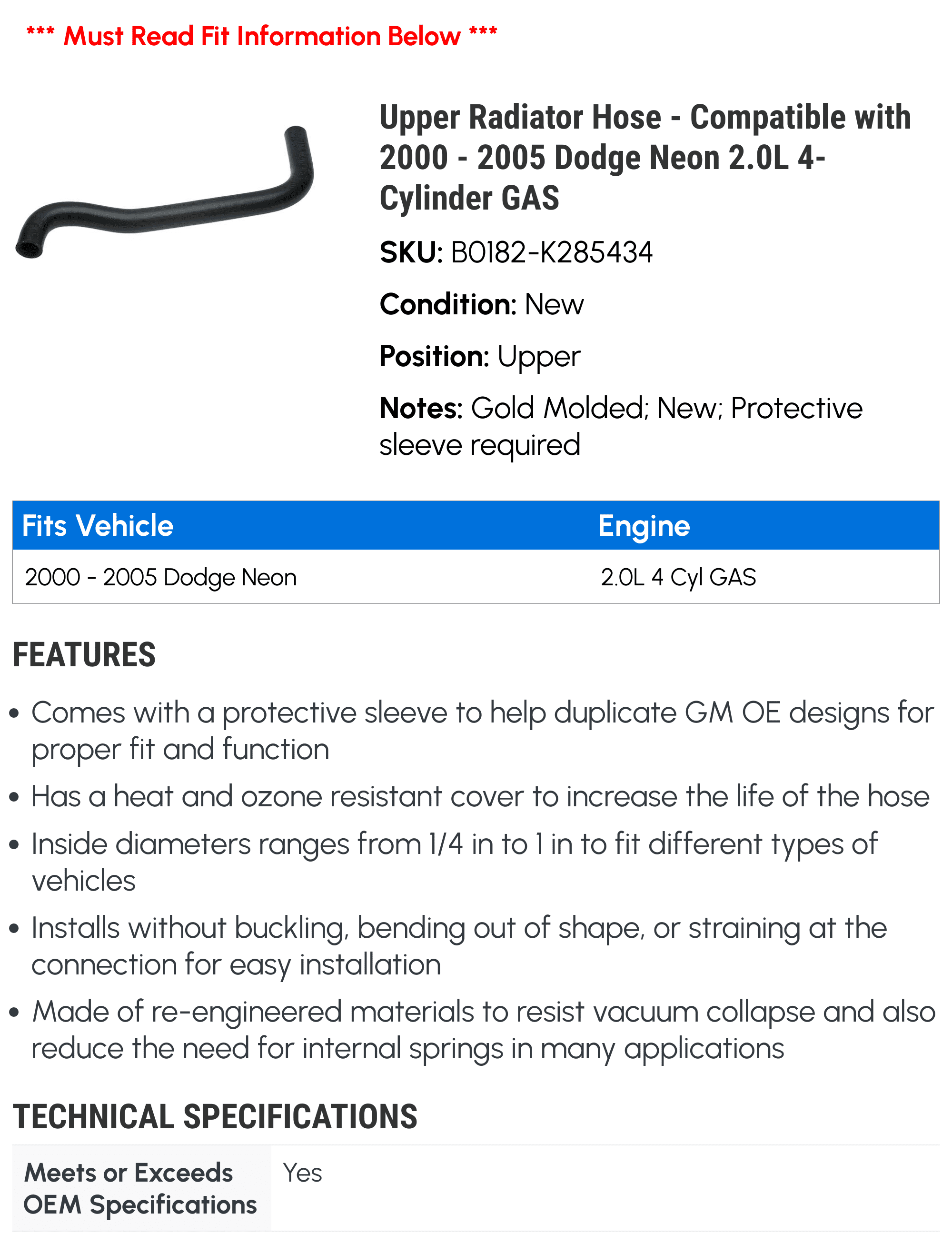 Upper Radiator Hose - Compatible with 2000 - 2005 Dodge Neon 2.0L 4-Cylinder GAS - AC Delco